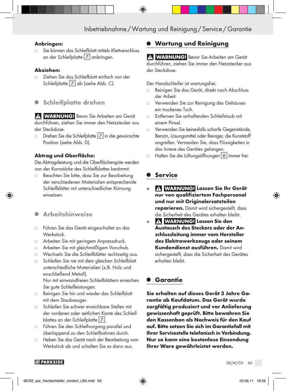 Schleifplatte drehen, Arbeitshinweise, Wartung und reinigung | Service, Garantie | Parkside PHS 160 A1 User Manual | Page 64 / 67