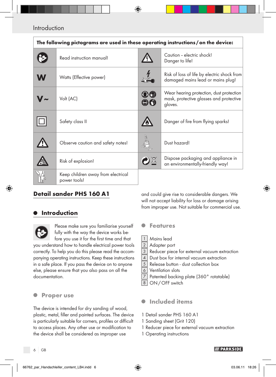 Introduction, Detail sander phs 160 a1, Proper use | Features, Included items | Parkside PHS 160 A1 User Manual | Page 7 / 67