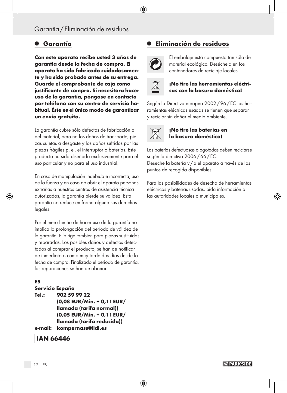 Garantía / eliminación de residuos, Garantía, Eliminación de residuos | Parkside PAS 3.6 A1 User Manual | Page 12 / 52