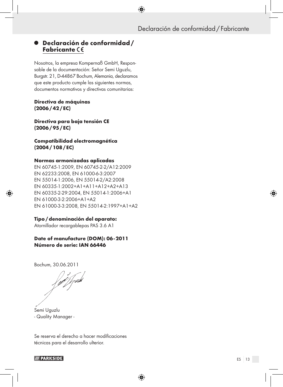 Declaración de conformidad / fabricante | Parkside PAS 3.6 A1 User Manual | Page 13 / 52