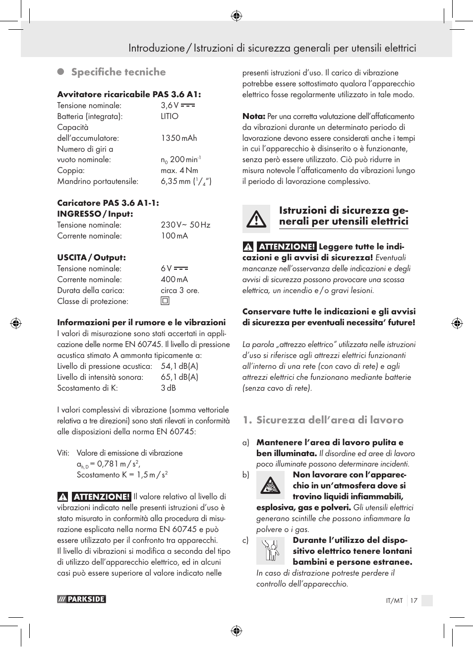 Specifiche tecniche, Sicurezza dell’area di lavoro | Parkside PAS 3.6 A1 User Manual | Page 17 / 52