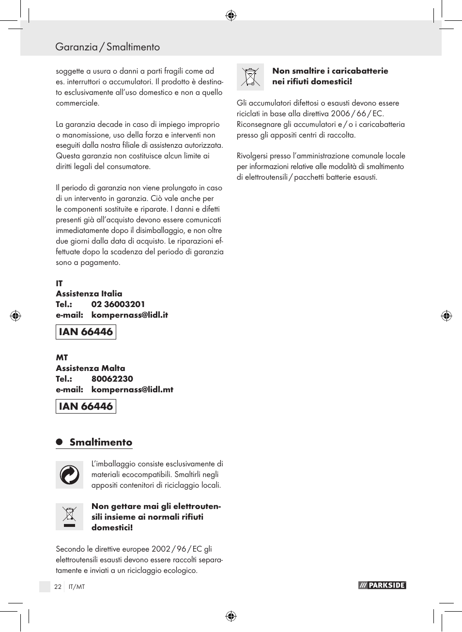 Garanzia / smaltimento, Smaltimento | Parkside PAS 3.6 A1 User Manual | Page 22 / 52