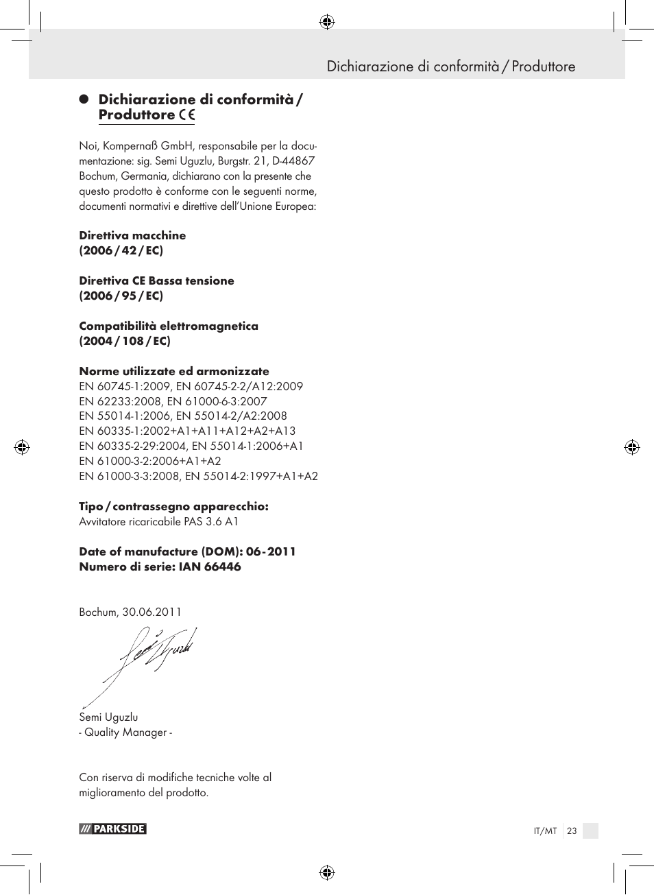 Dichiarazione di conformità / produttore | Parkside PAS 3.6 A1 User Manual | Page 23 / 52