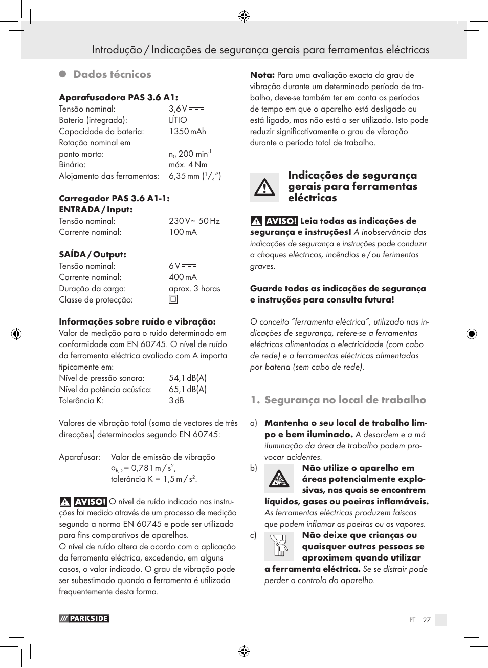 Dados técnicos, Segurança no local de trabalho | Parkside PAS 3.6 A1 User Manual | Page 27 / 52