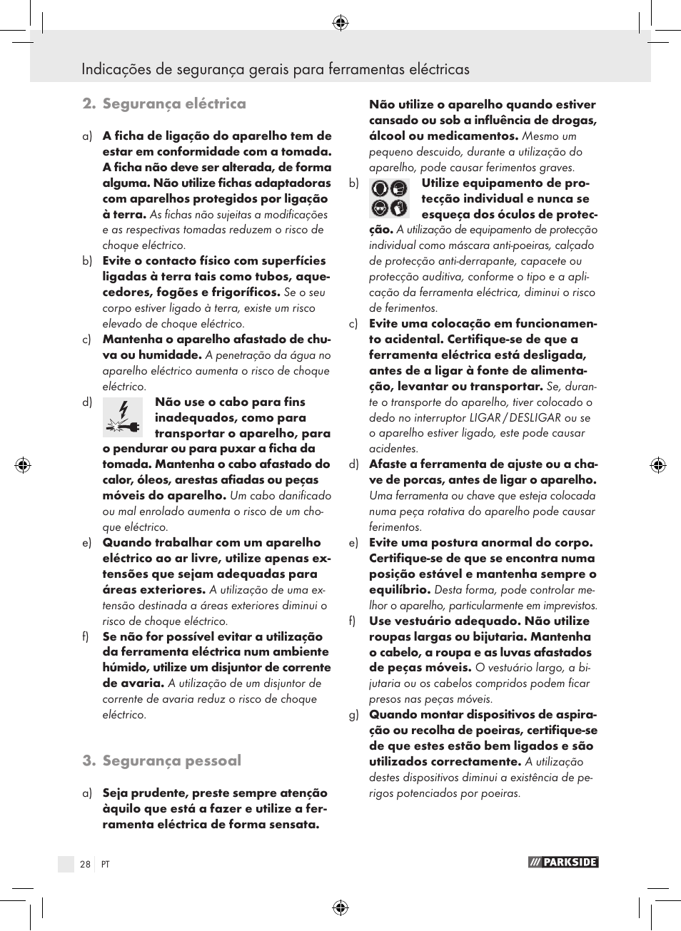 Segurança eléctrica, Segurança pessoal | Parkside PAS 3.6 A1 User Manual | Page 28 / 52