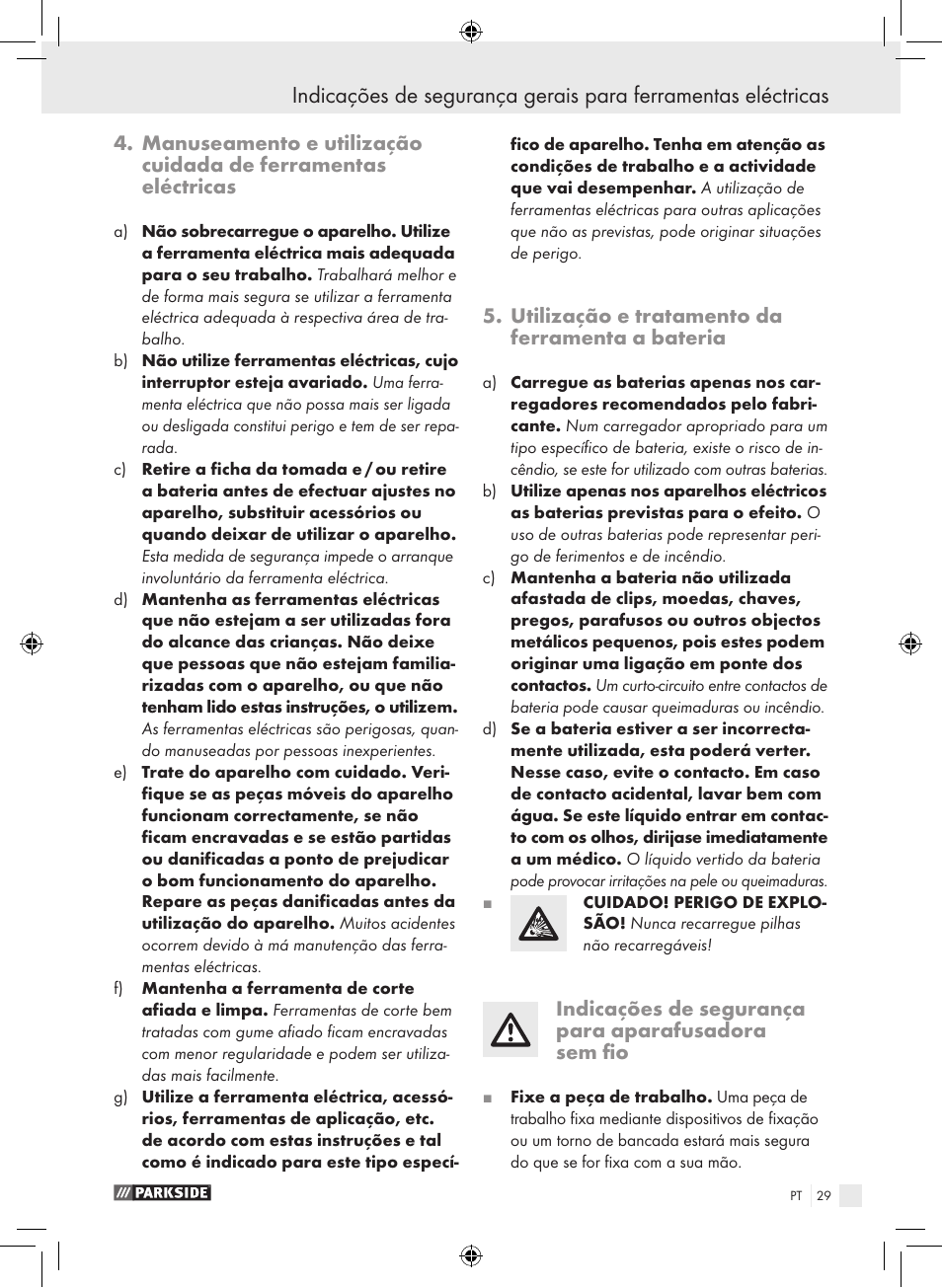 Utilização e tratamento da ferramenta a bateria, Indicações de segurança para aparafusadora sem fio | Parkside PAS 3.6 A1 User Manual | Page 29 / 52