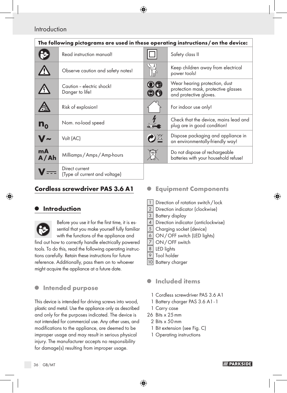 Introduction, Cordless screwdriver pas 3.6 a1, Intended purpose | Equipment components, Included items, Ma a / ah | Parkside PAS 3.6 A1 User Manual | Page 36 / 52