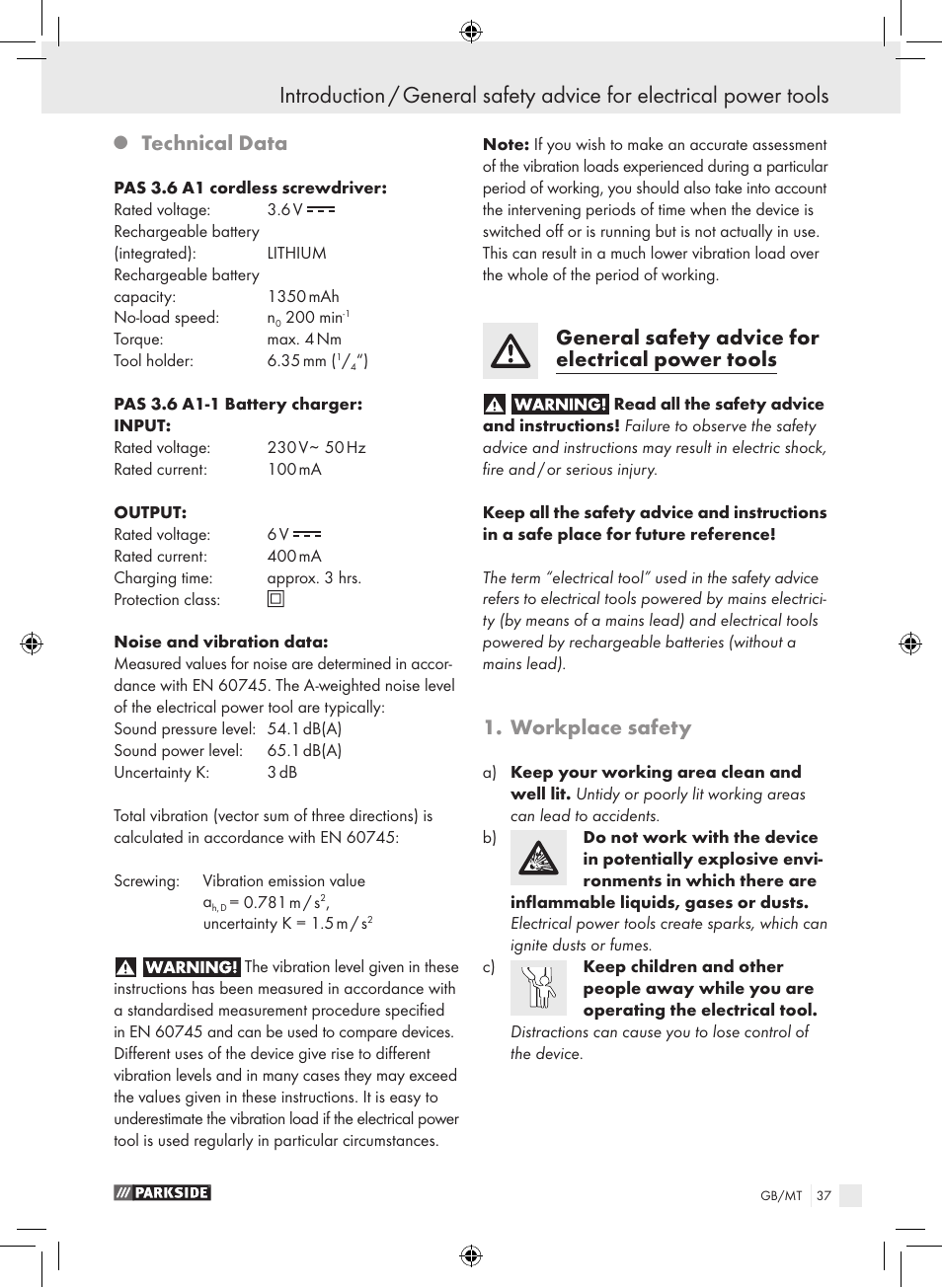 Technical data, General safety advice for electrical power tools, Workplace safety | Parkside PAS 3.6 A1 User Manual | Page 37 / 52