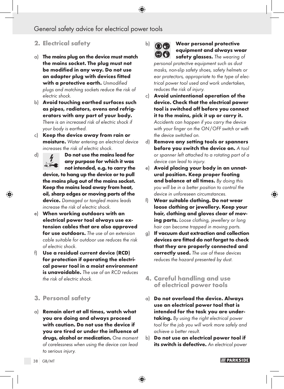 General safety advice for electrical power tools, Electrical safety, Personal safety | Careful handling and use of electrical power tools | Parkside PAS 3.6 A1 User Manual | Page 38 / 52