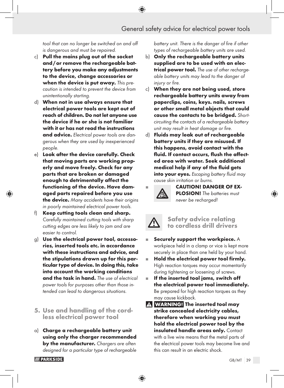 General safety advice for electrical power tools, Safety advice relating to cordless drill drivers | Parkside PAS 3.6 A1 User Manual | Page 39 / 52