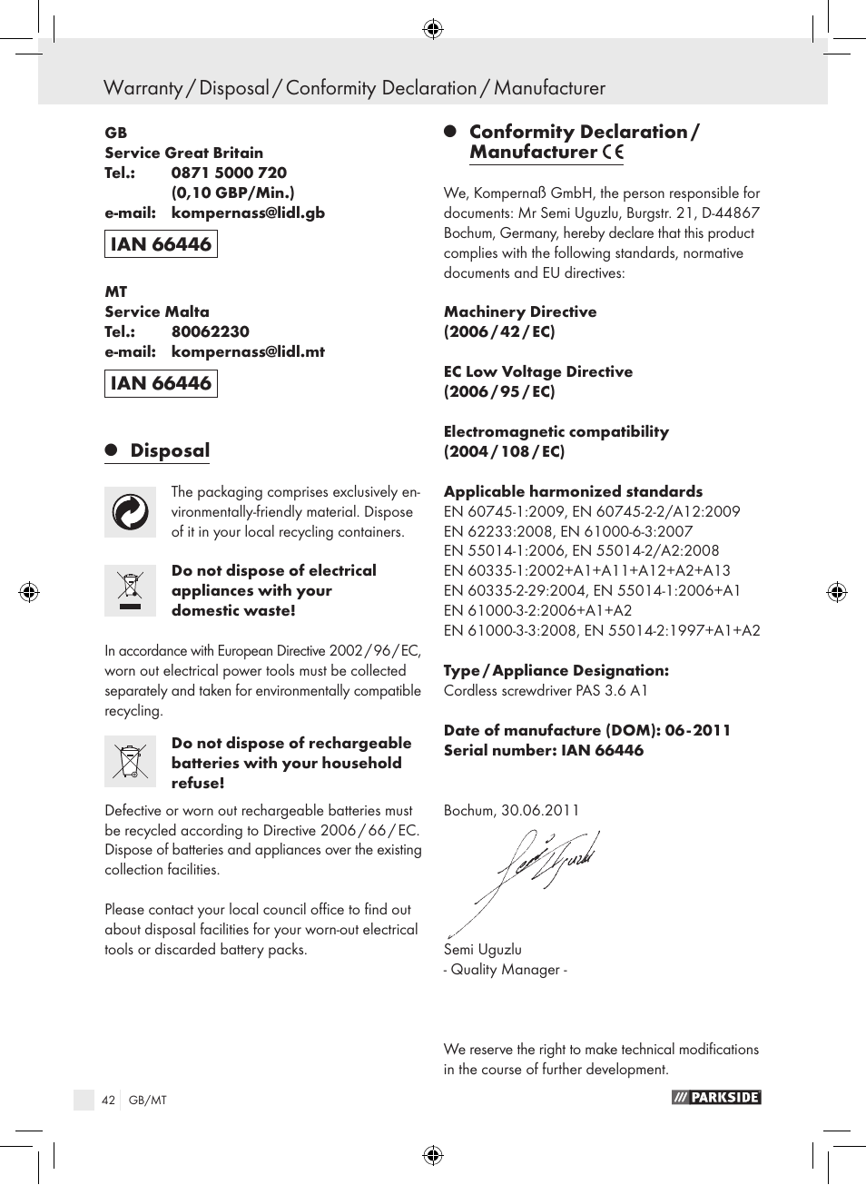 Disposal, Conformity declaration / manufacturer | Parkside PAS 3.6 A1 User Manual | Page 42 / 52