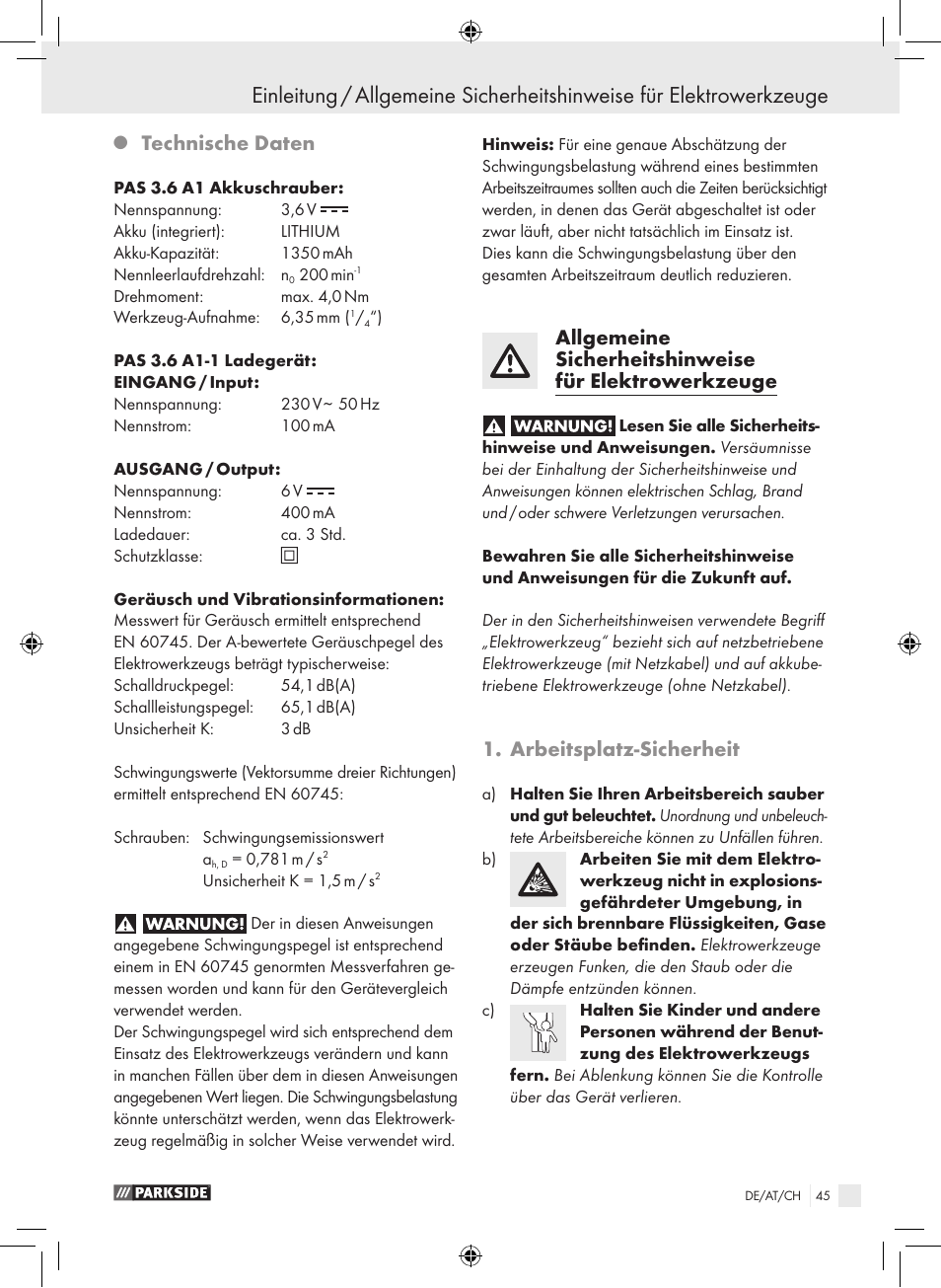 Technische daten, Arbeitsplatz-sicherheit | Parkside PAS 3.6 A1 User Manual | Page 45 / 52