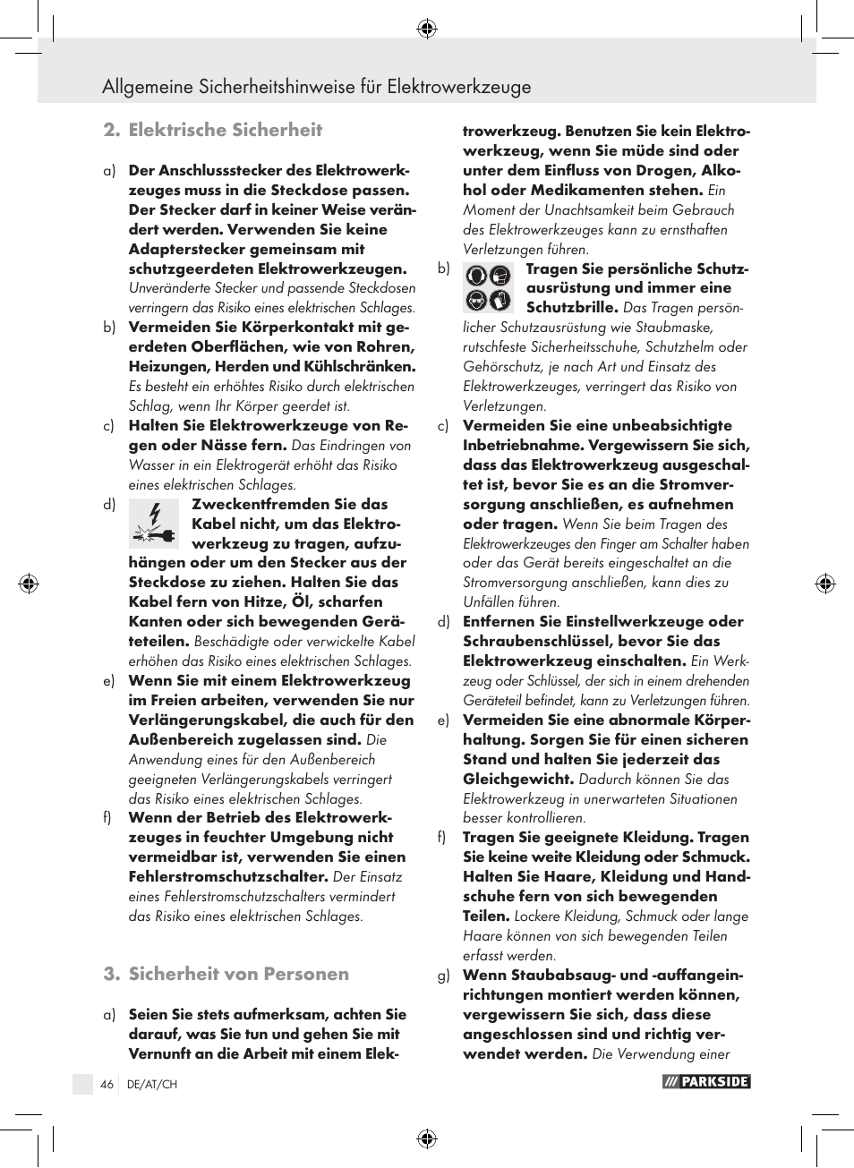 Elektrische sicherheit, Sicherheit von personen | Parkside PAS 3.6 A1 User Manual | Page 46 / 52