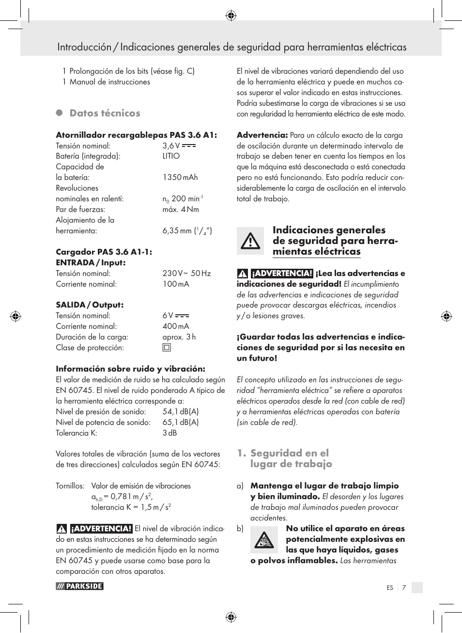 Datos técnicos, Seguridad en el lugar de trabajo | Parkside PAS 3.6 A1 User Manual | Page 7 / 52