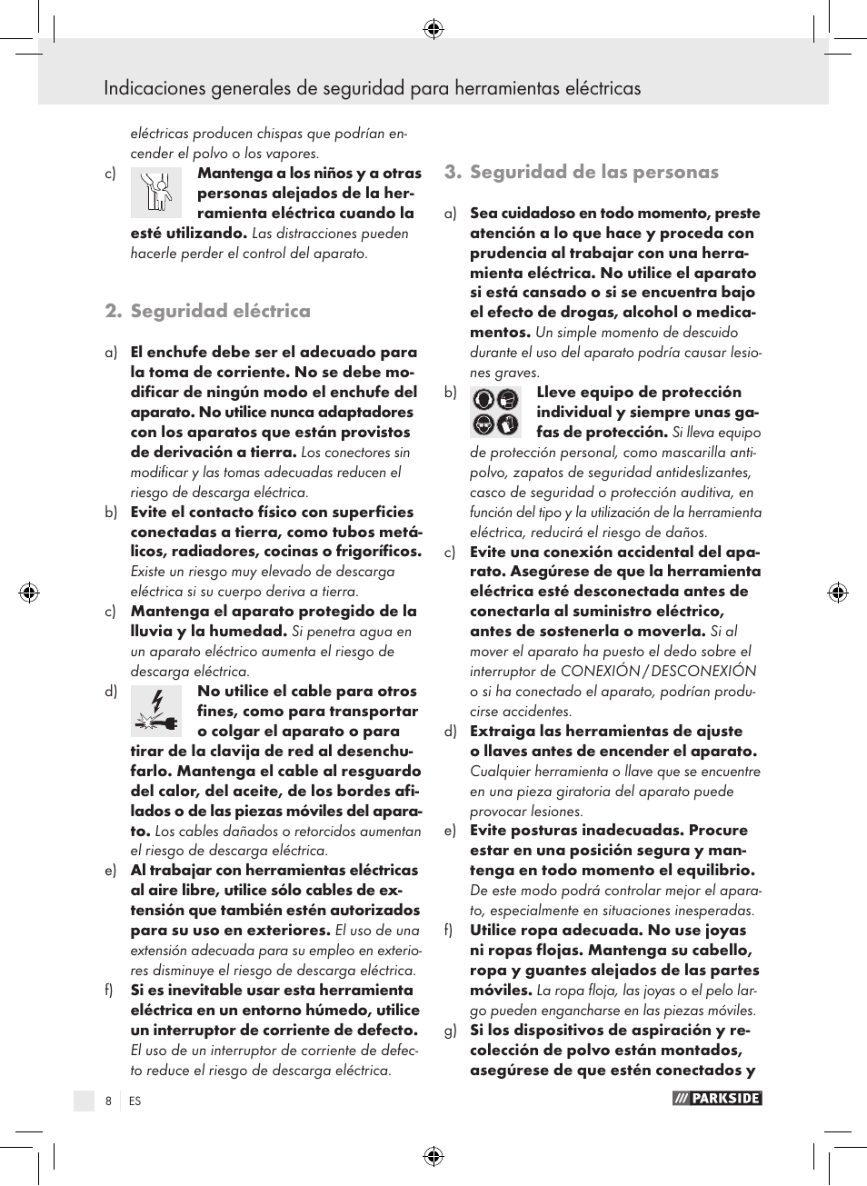 Seguridad eléctrica, Seguridad de las personas | Parkside PAS 3.6 A1 User Manual | Page 8 / 52