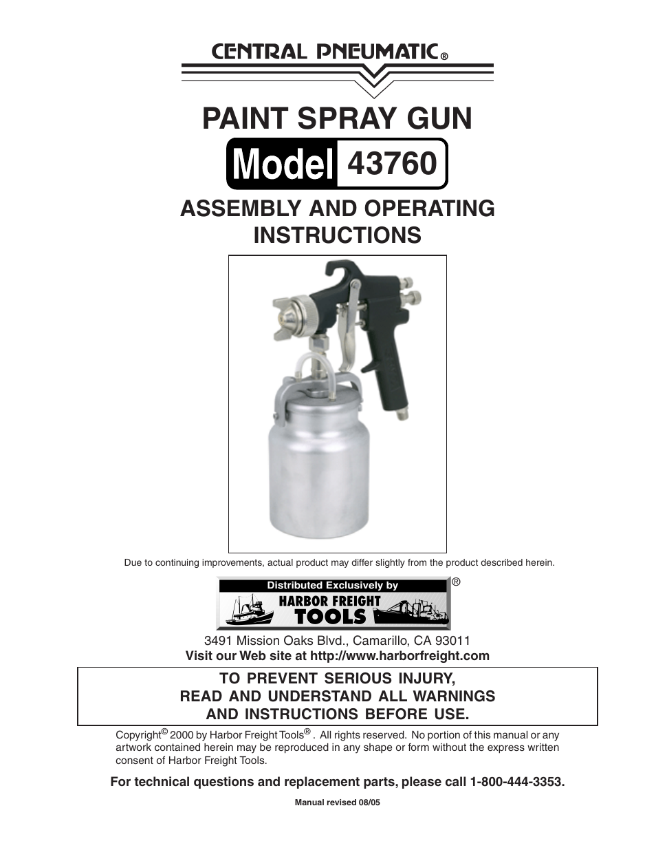 Harbor Freight Tools Central Pneumatic Paint Spray Gun 43760 User Manual | 16 pages