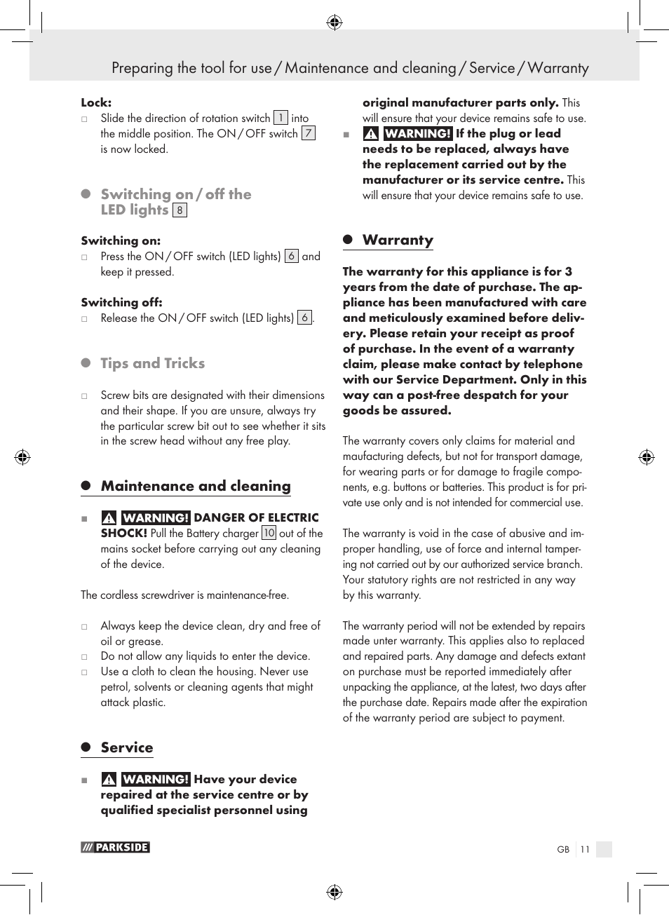 Switching on / off the led lights, Tips and tricks, Maintenance and cleaning | Service, Warranty | Parkside PAS 3.6 A1 User Manual | Page 11 / 66
