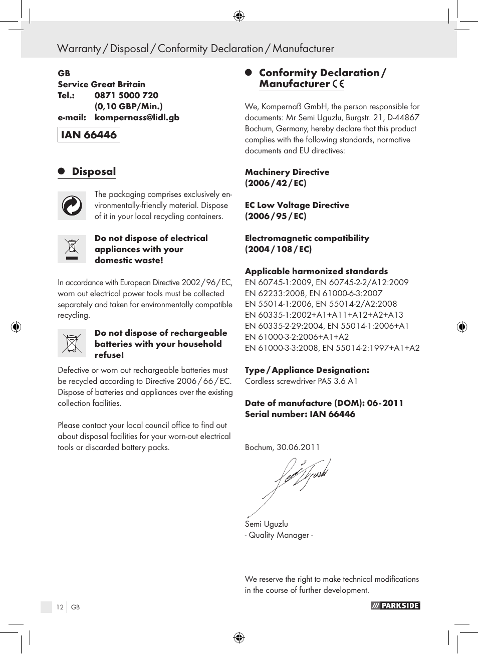 Disposal, Conformity declaration / manufacturer | Parkside PAS 3.6 A1 User Manual | Page 12 / 66
