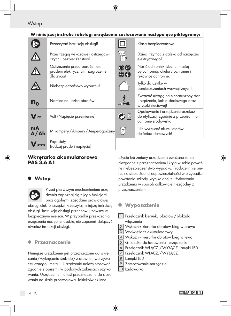 Wstęp, Wkrętarka akumulatorowa pas 3.6 a1, Przeznaczenie | Wyposażenie, Ma a / ah | Parkside PAS 3.6 A1 User Manual | Page 14 / 66