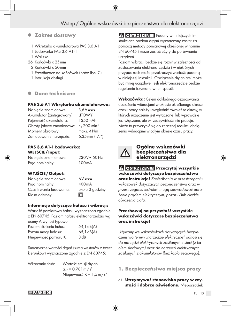 Zakres dostawy, Dane techniczne, Bezpieczeństwo miejsca pracy | Parkside PAS 3.6 A1 User Manual | Page 15 / 66