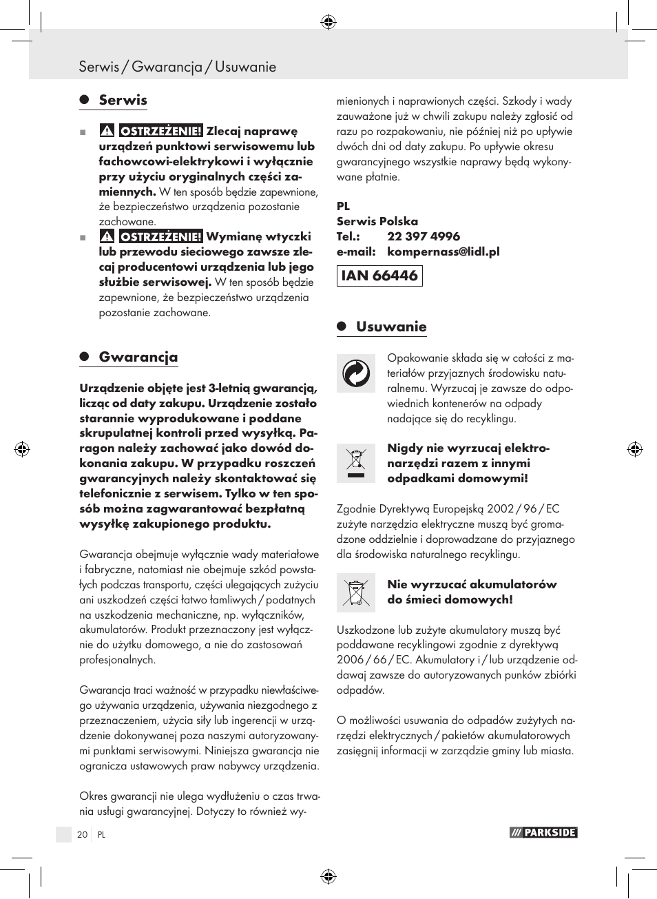 Serwis / gwarancja / usuwanie, Serwis, Gwarancja | Usuwanie | Parkside PAS 3.6 A1 User Manual | Page 20 / 66