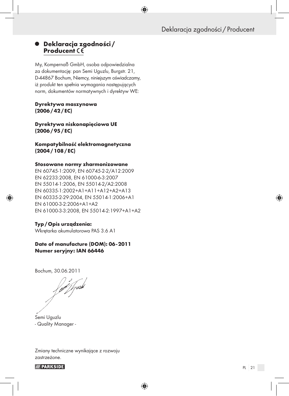 Deklaracja zgodności / producent | Parkside PAS 3.6 A1 User Manual | Page 21 / 66