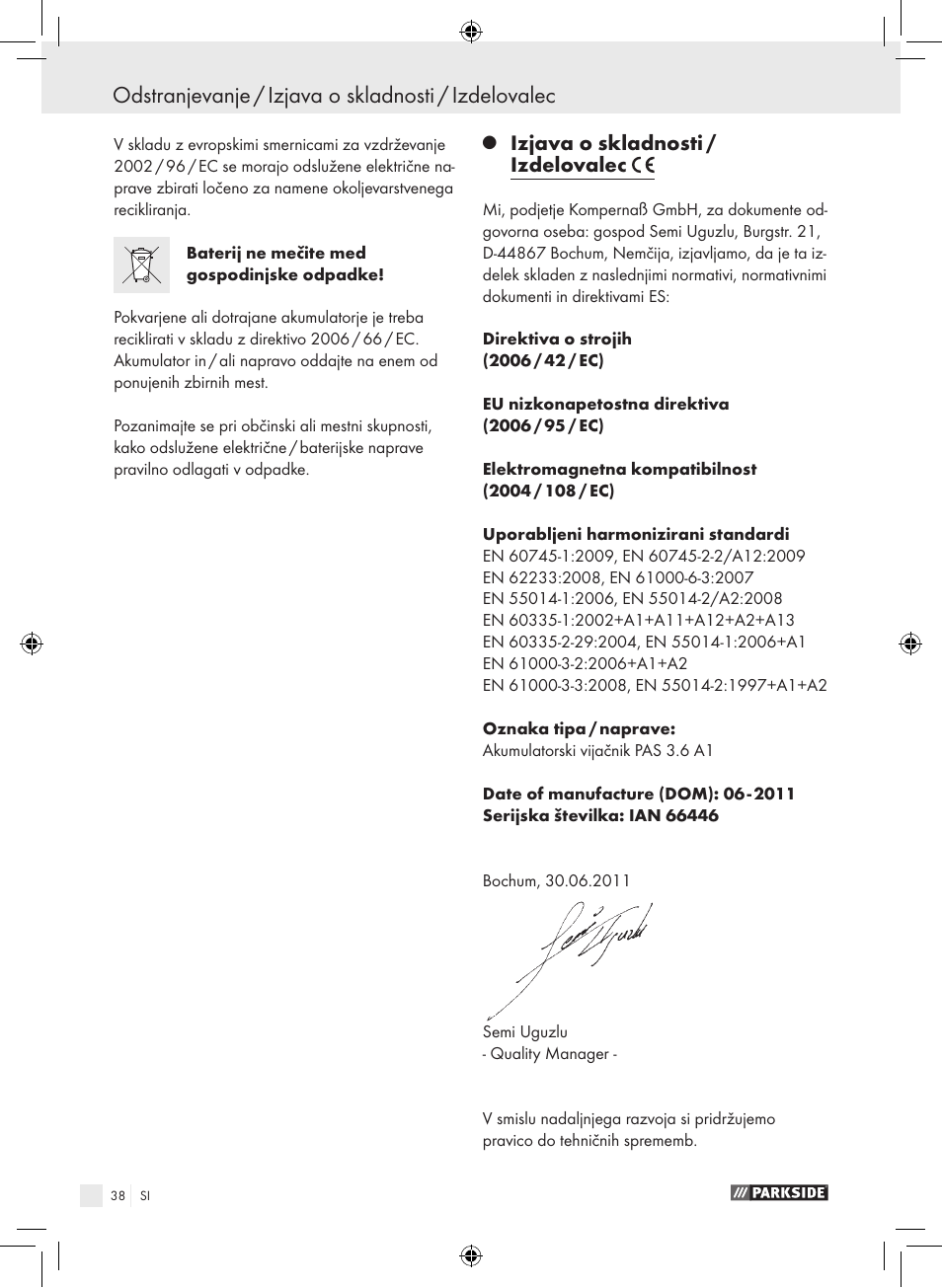 Odstranjevanje / izjava o skladnosti / izdelovalec, Izjava o skladnosti / izdelovalec | Parkside PAS 3.6 A1 User Manual | Page 38 / 66