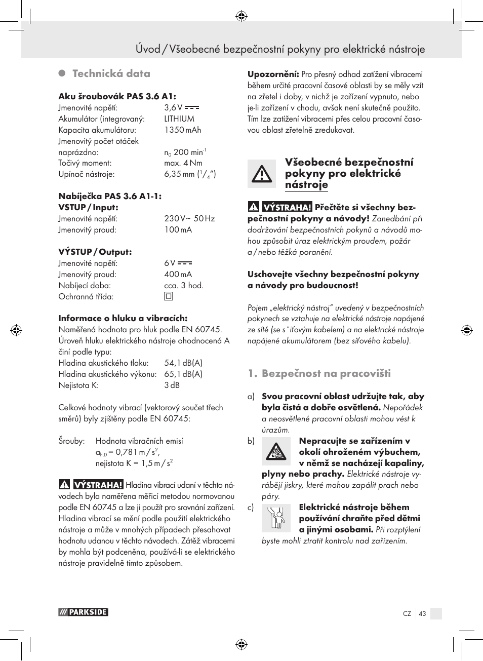 Technická data, Bezpečnost na pracovišti | Parkside PAS 3.6 A1 User Manual | Page 43 / 66