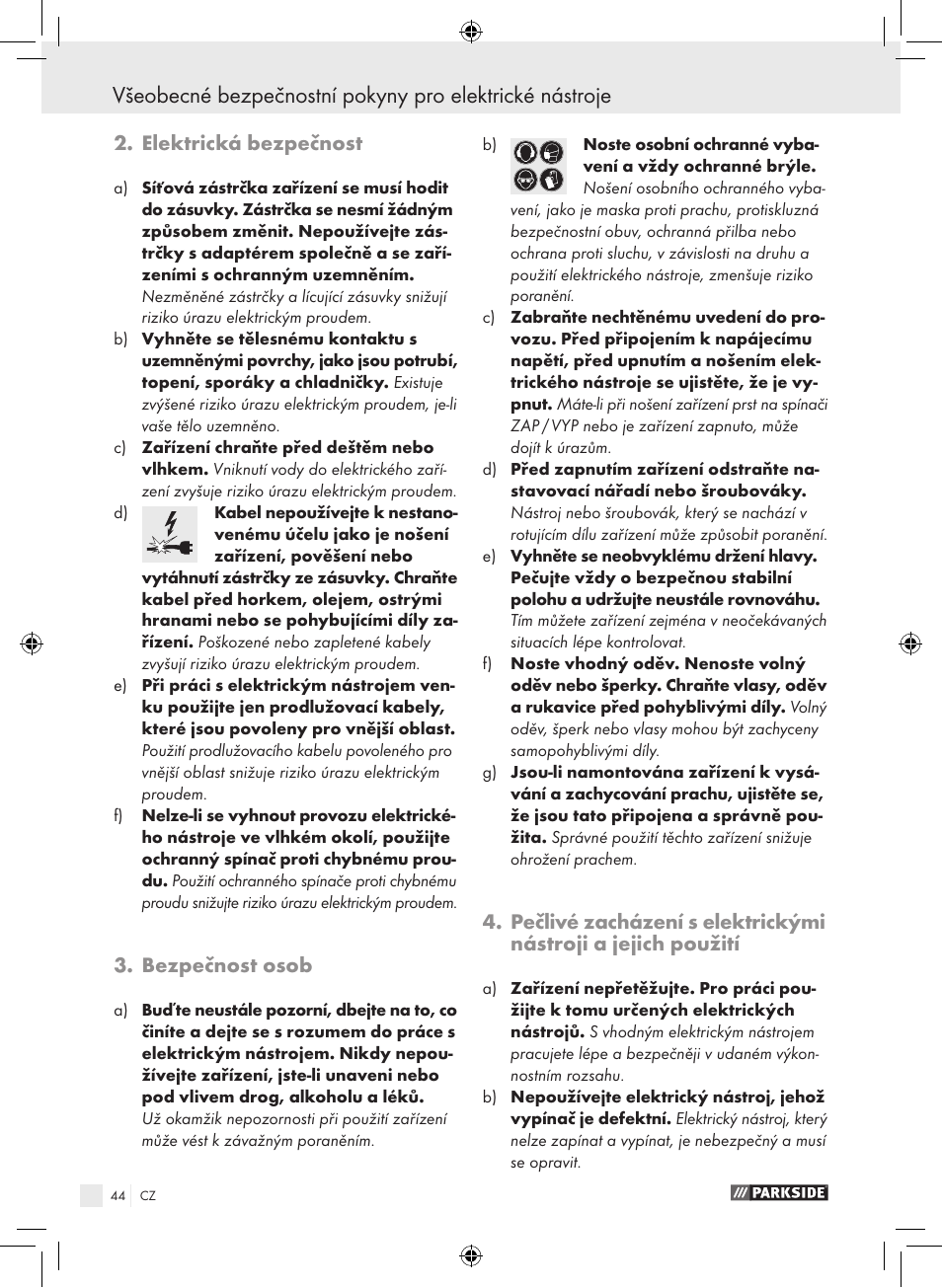 Elektrická bezpečnost, Bezpečnost osob | Parkside PAS 3.6 A1 User Manual | Page 44 / 66