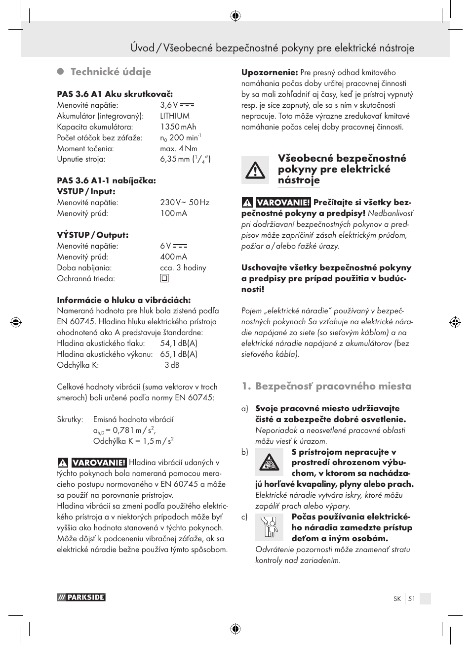 Technické údaje, Bezpečnosť pracovného miesta | Parkside PAS 3.6 A1 User Manual | Page 51 / 66