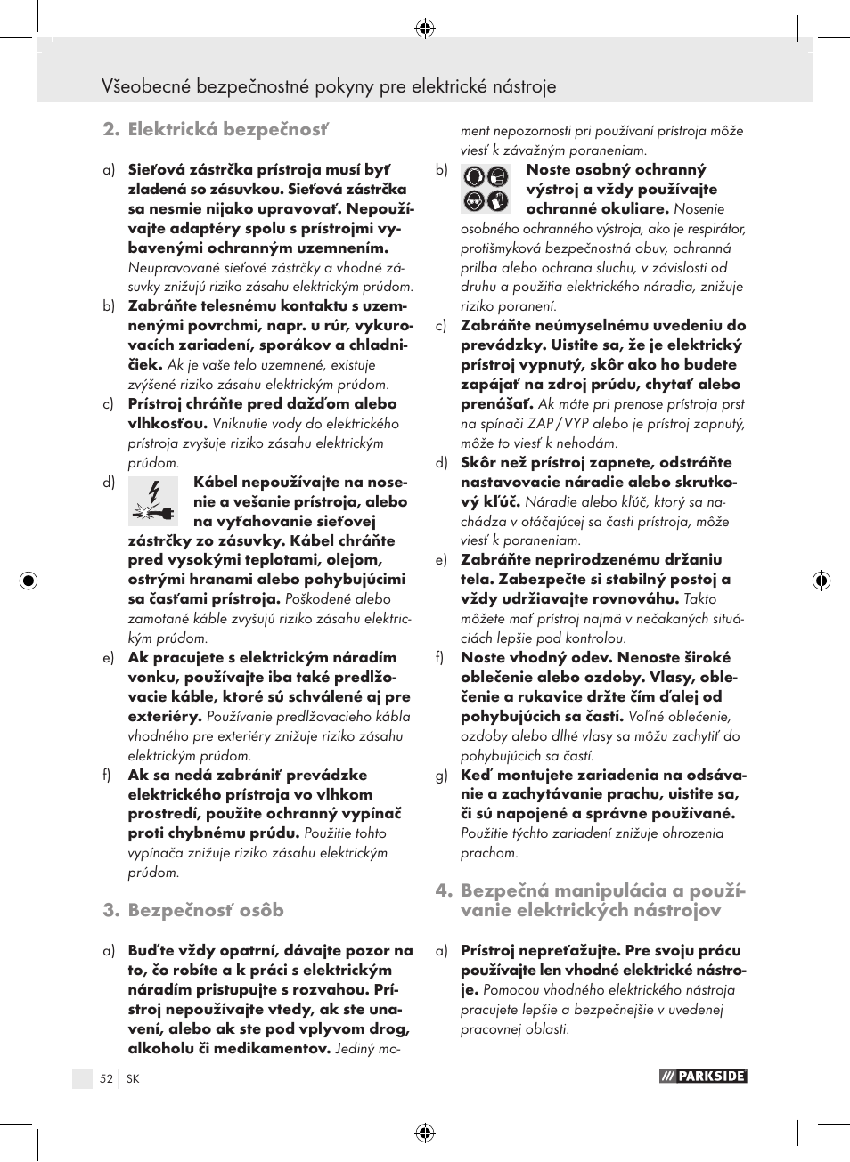 Elektrická bezpečnosť, Bezpečnosť osôb | Parkside PAS 3.6 A1 User Manual | Page 52 / 66