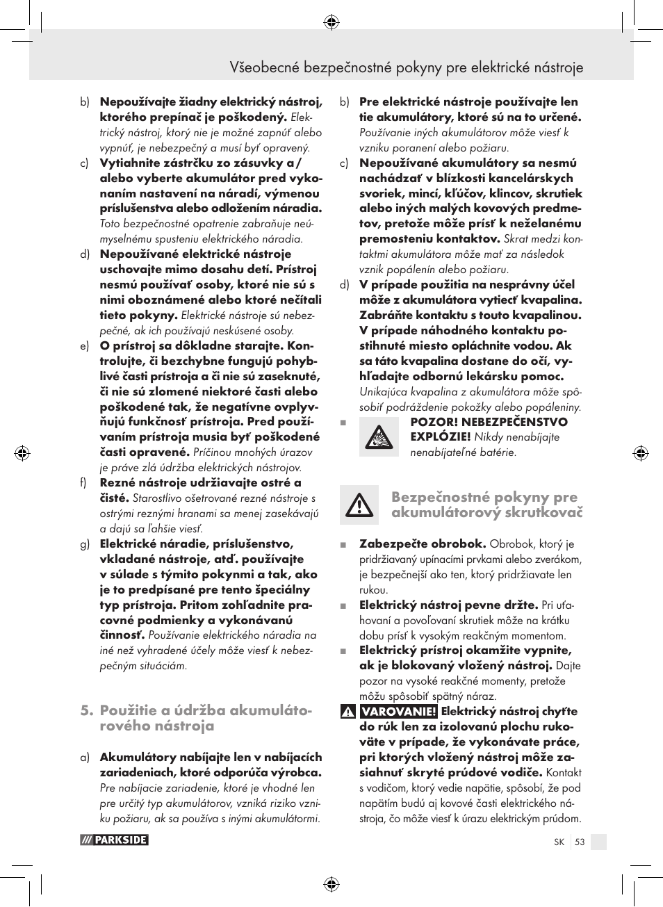 Použitie a údržba akumuláto- rového nástroja, Bezpečnostné pokyny pre akumulátorový skrutkovač | Parkside PAS 3.6 A1 User Manual | Page 53 / 66