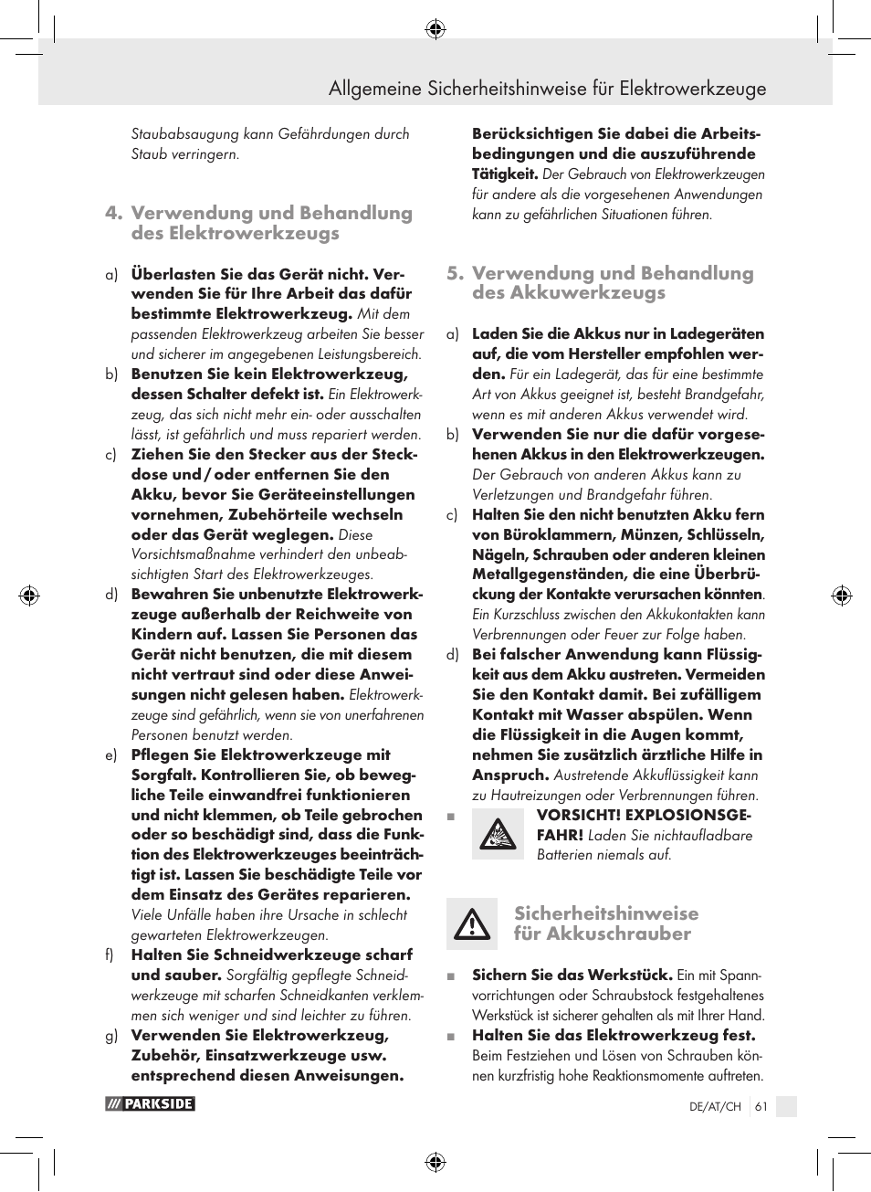Verwendung und behandlung des elektrowerkzeugs, Verwendung und behandlung des akkuwerkzeugs, Sicherheitshinweise für akkuschrauber | Parkside PAS 3.6 A1 User Manual | Page 61 / 66