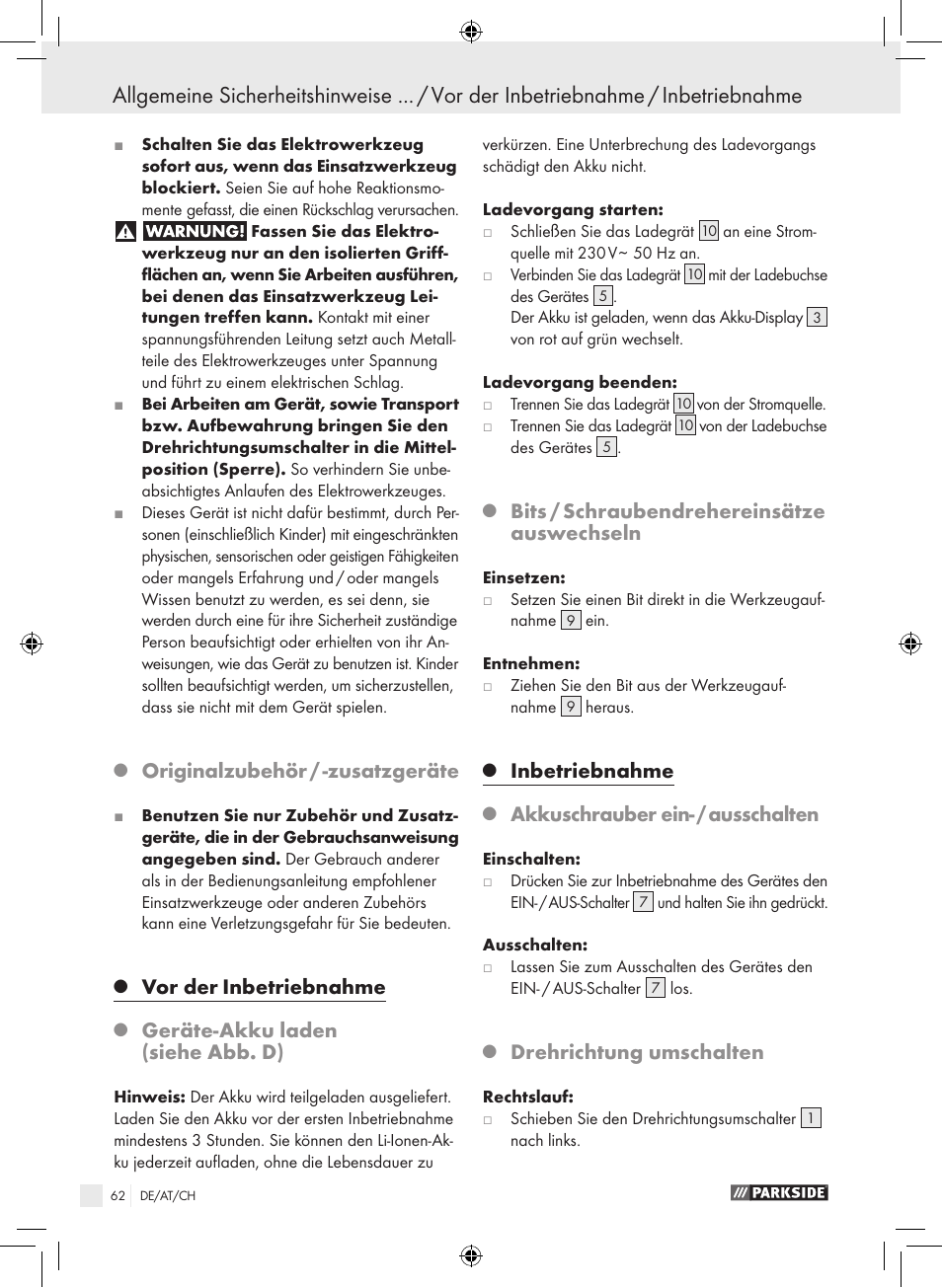 Originalzubehör / -zusatzgeräte, Vor der, Inbetriebnahme | Geräte-akku laden (siehe abb. d), Bits / schraubendrehereinsätze auswechseln, Akkuschrauber ein- / ausschalten, Drehrichtung umschalten | Parkside PAS 3.6 A1 User Manual | Page 62 / 66