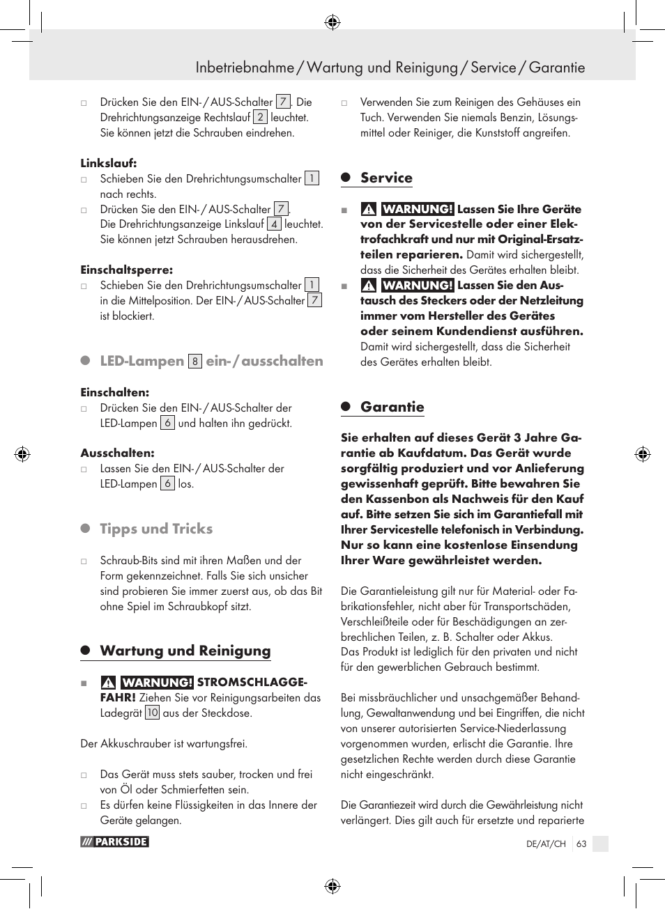 Led-lampen, Ein- / ausschalten, Tipps und tricks | Wartung und reinigung, Service, Garantie | Parkside PAS 3.6 A1 User Manual | Page 63 / 66