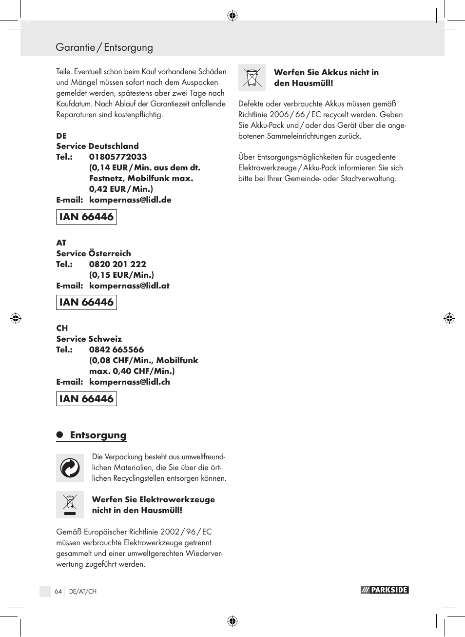 Garantie / entsorgung, Entsorgung | Parkside PAS 3.6 A1 User Manual | Page 64 / 66