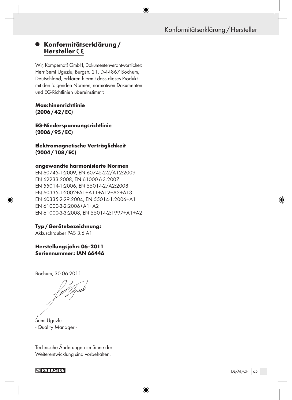 Konformitätserklärung / hersteller | Parkside PAS 3.6 A1 User Manual | Page 65 / 66