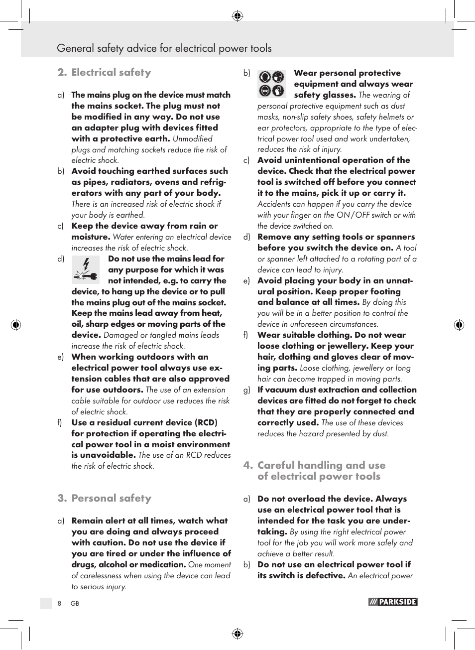 General safety advice for electrical power tools, Electrical safety, Personal safety | Careful handling and use of electrical power tools | Parkside PAS 3.6 A1 User Manual | Page 8 / 66