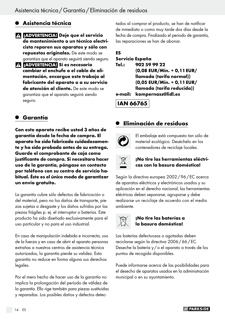 Asistencia técnica, Garantía, Eliminación de residuos | Parkside PABS 18-Li B2 User Manual | Page 14 / 62