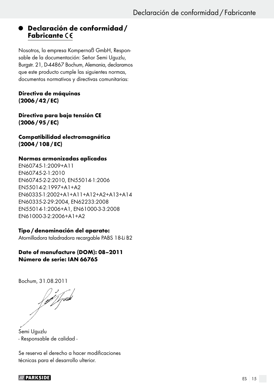 Declaración de conformidad / fabricante | Parkside PABS 18-Li B2 User Manual | Page 15 / 62