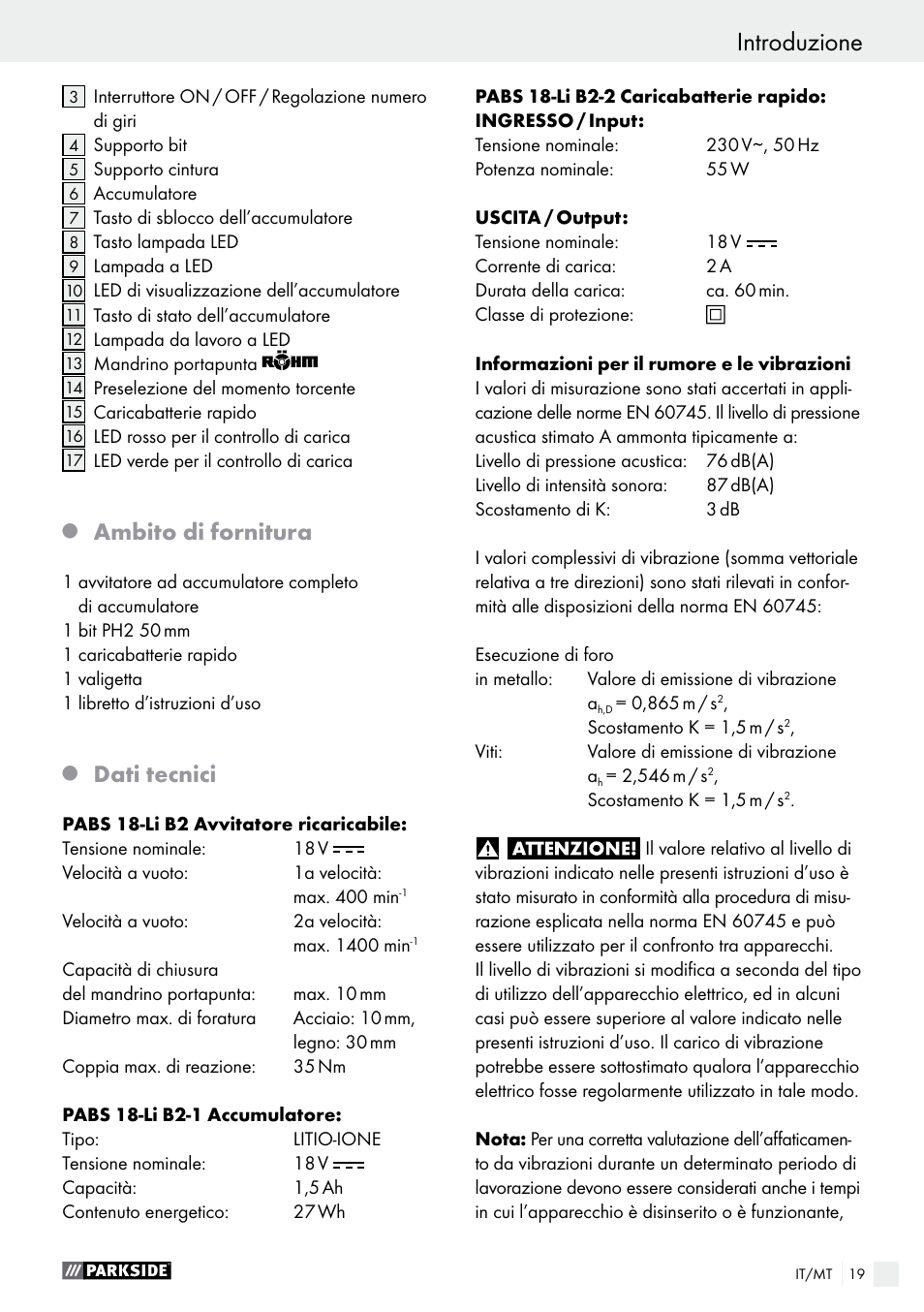 Introduzione, Ambito di fornitura, Dati tecnici | Parkside PABS 18-Li B2 User Manual | Page 19 / 62