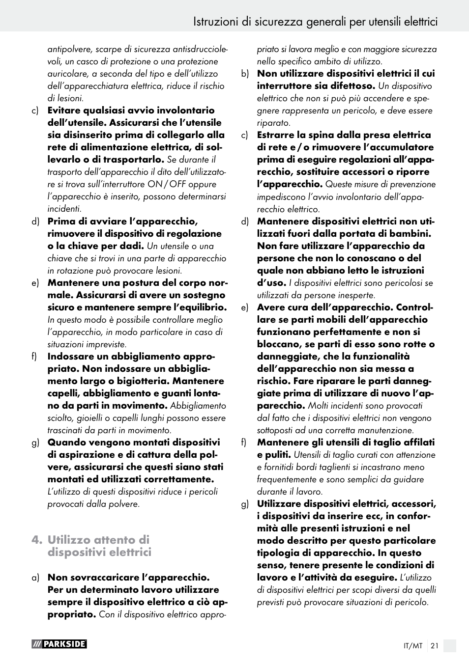 Utilizzo attento di dispositivi elettrici | Parkside PABS 18-Li B2 User Manual | Page 21 / 62