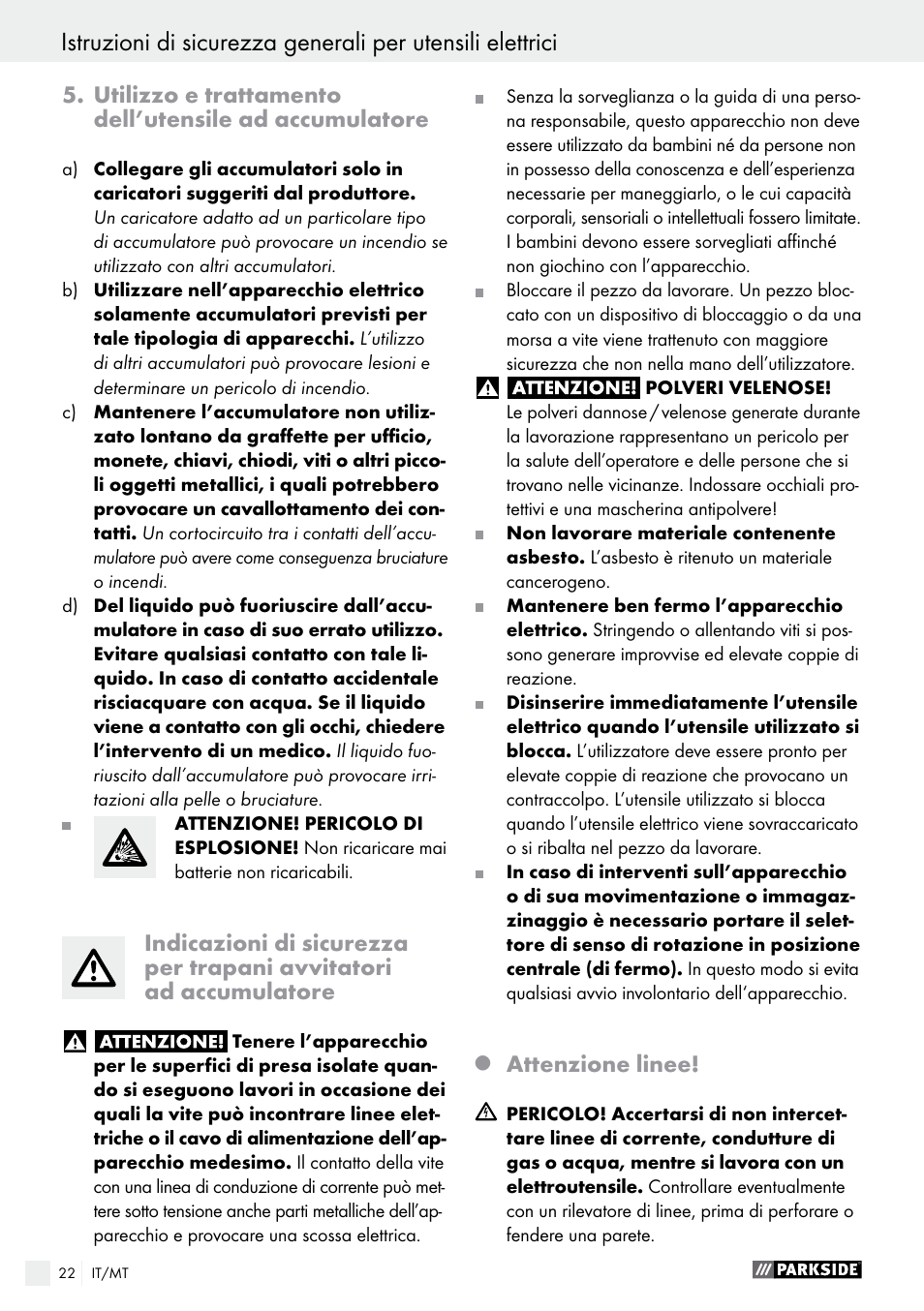 Attenzione linee | Parkside PABS 18-Li B2 User Manual | Page 22 / 62