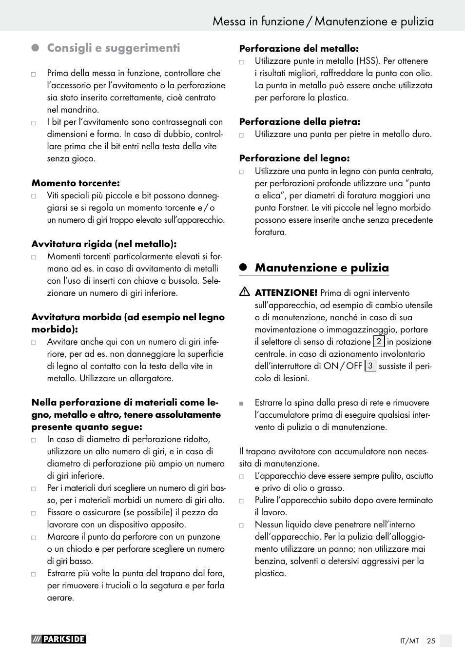 Consigli e suggerimenti, Manutenzione e pulizia | Parkside PABS 18-Li B2 User Manual | Page 25 / 62