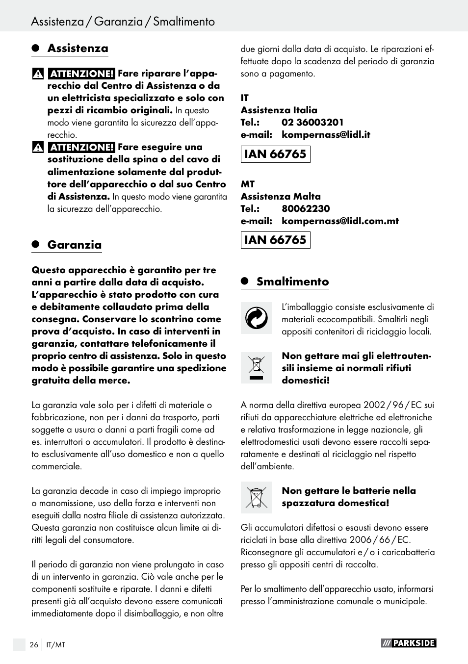 Assistenza, Garanzia, Smaltimento | Parkside PABS 18-Li B2 User Manual | Page 26 / 62