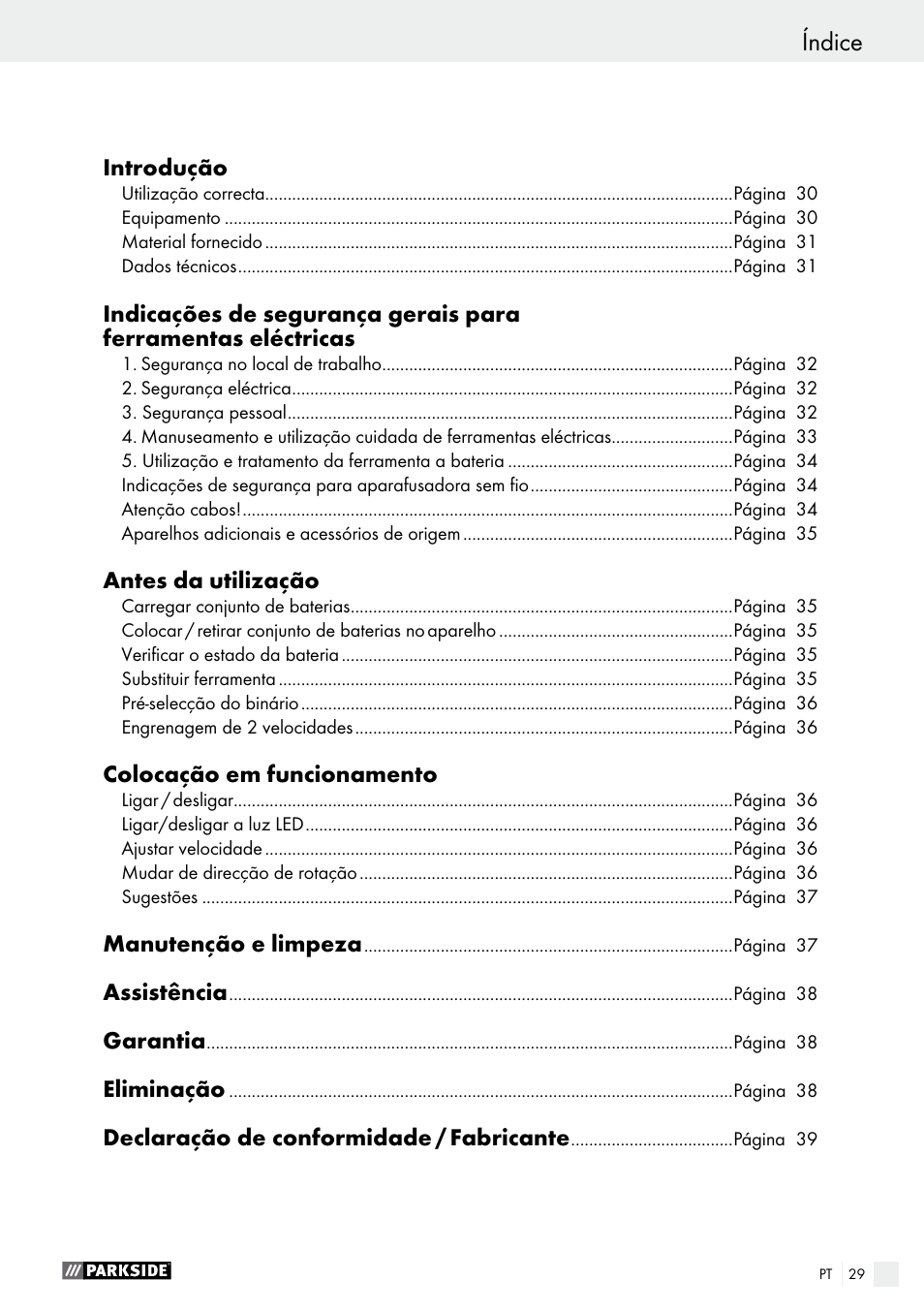 Índice | Parkside PABS 18-Li B2 User Manual | Page 29 / 62