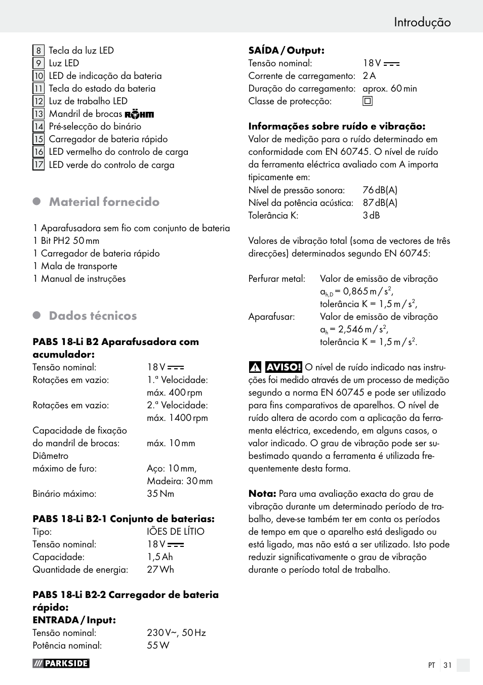 Introdução, Material fornecido, Dados técnicos | Parkside PABS 18-Li B2 User Manual | Page 31 / 62