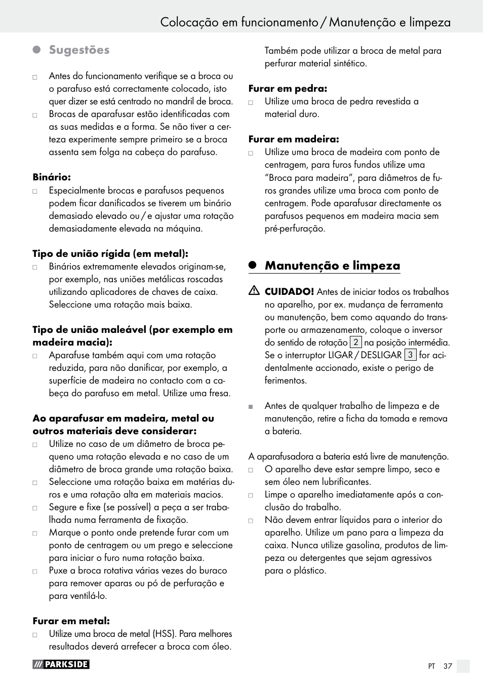 Sugestões, Manutenção e limpeza | Parkside PABS 18-Li B2 User Manual | Page 37 / 62