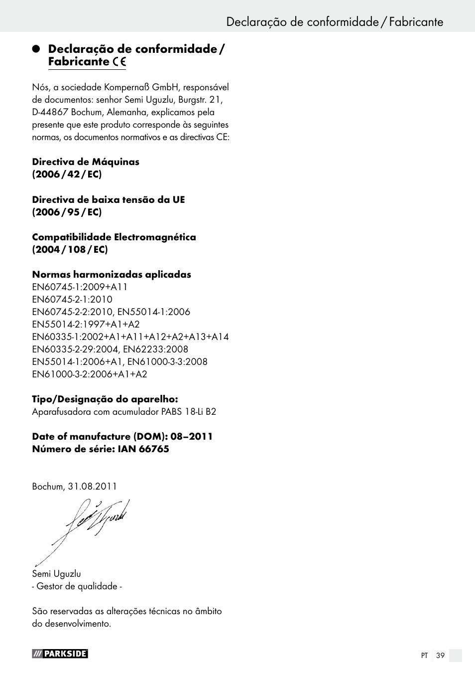 Declaração de conformidade / fabricante, Assistência / garantia / eliminação | Parkside PABS 18-Li B2 User Manual | Page 39 / 62