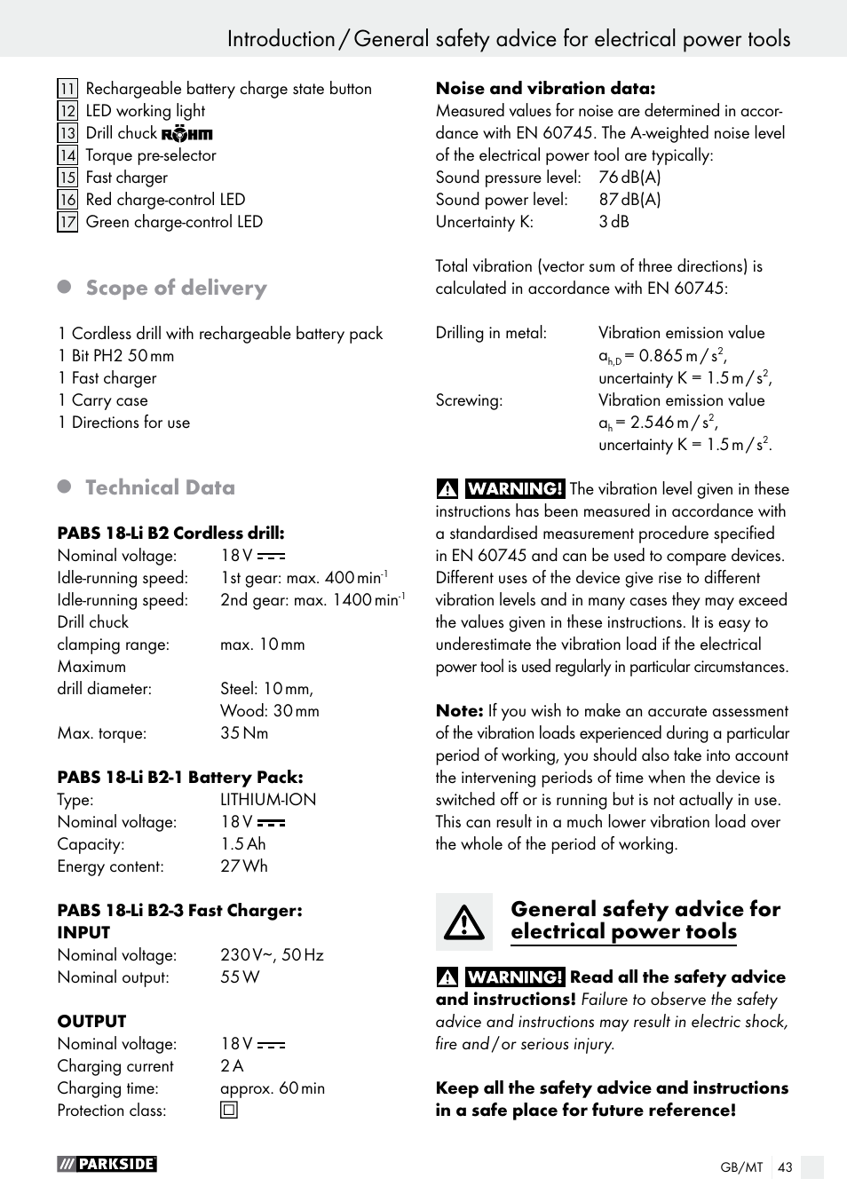 Scope of delivery, Technical data, General safety advice for electrical power tools | Parkside PABS 18-Li B2 User Manual | Page 43 / 62